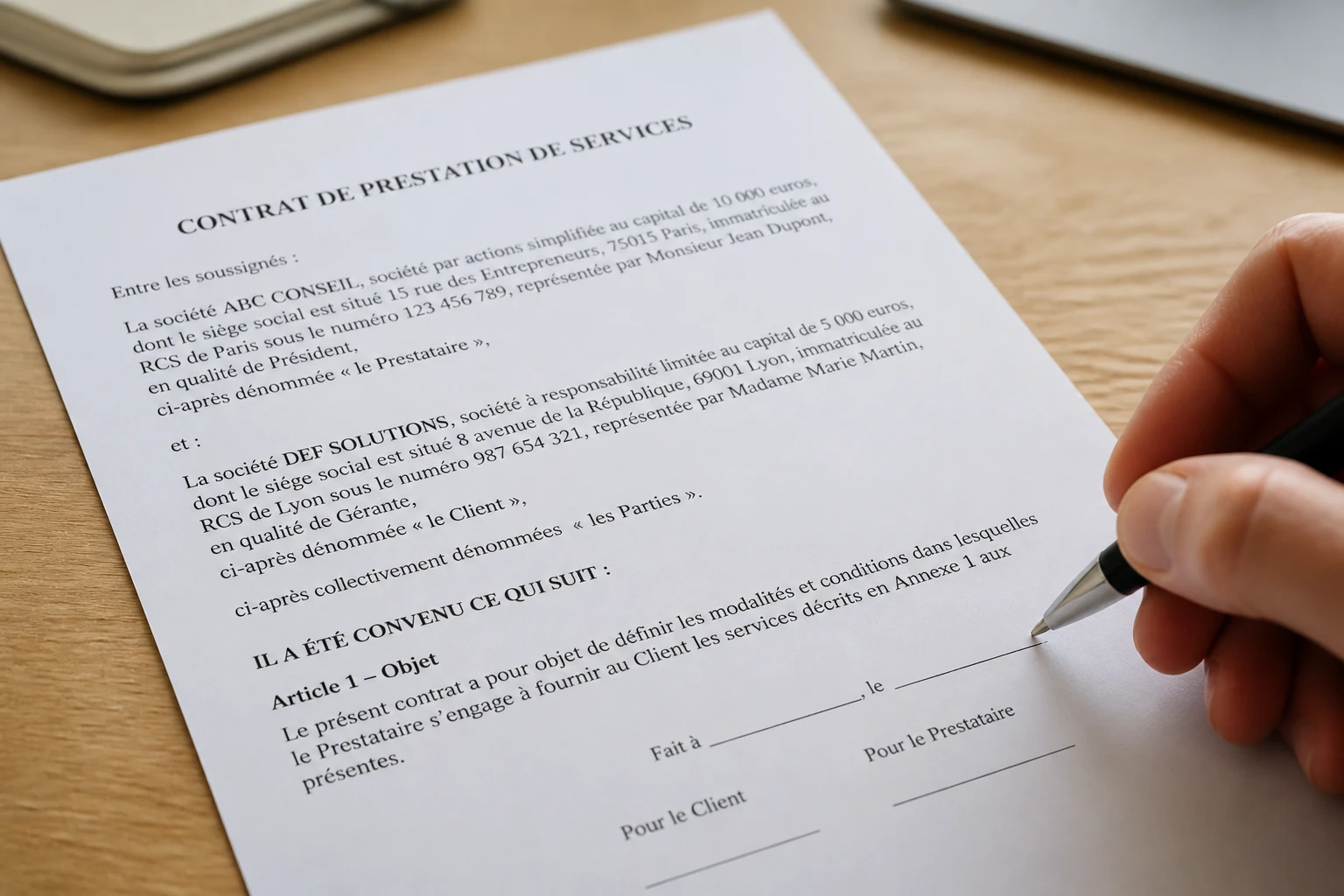 Entrepreneur sur le point de signer un acte juridique de renonciation sur un bureau en bois