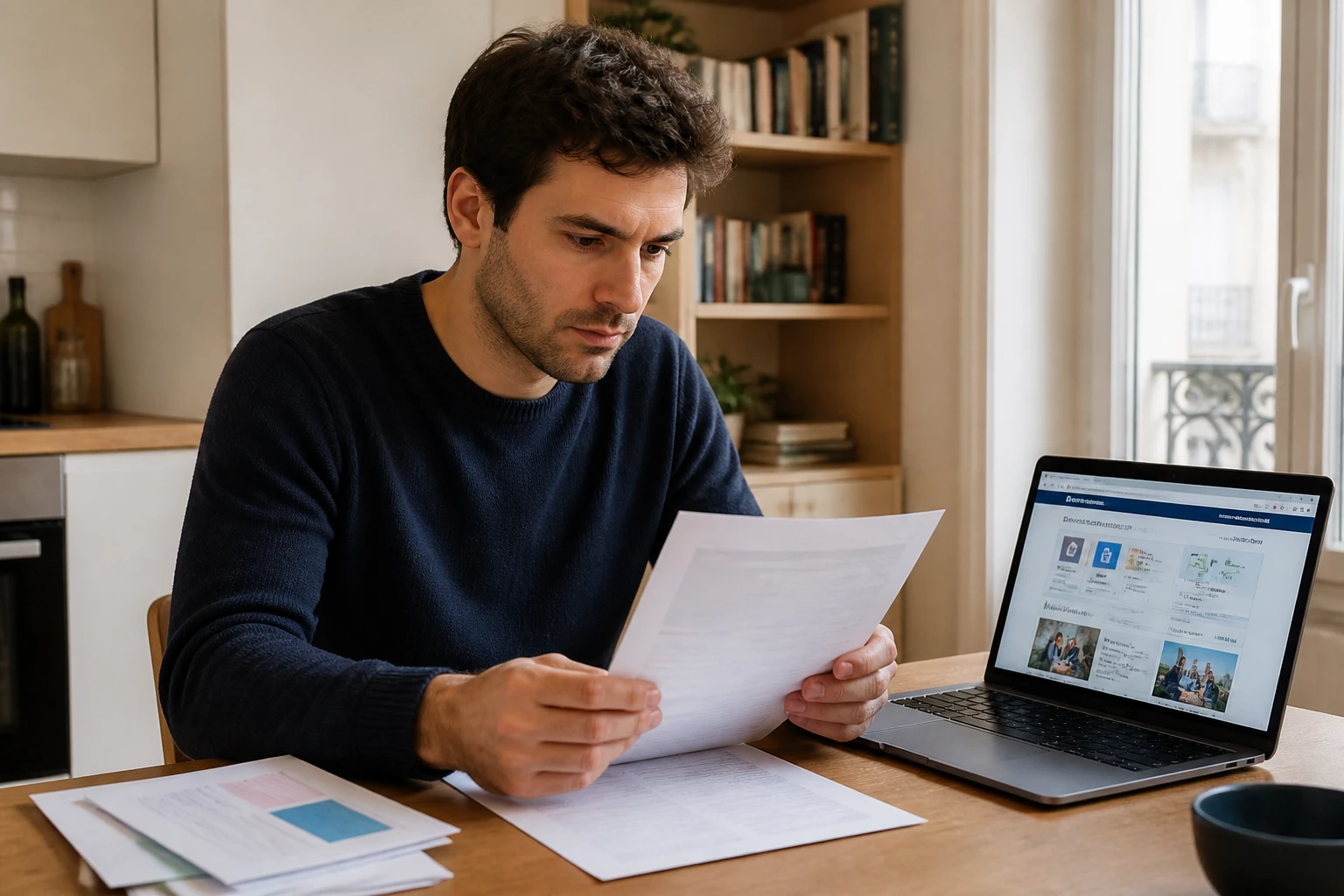 Jeune adulte calculant son aide au logement APL sur ordinateur dans un appartement, documents CAF sur la table
