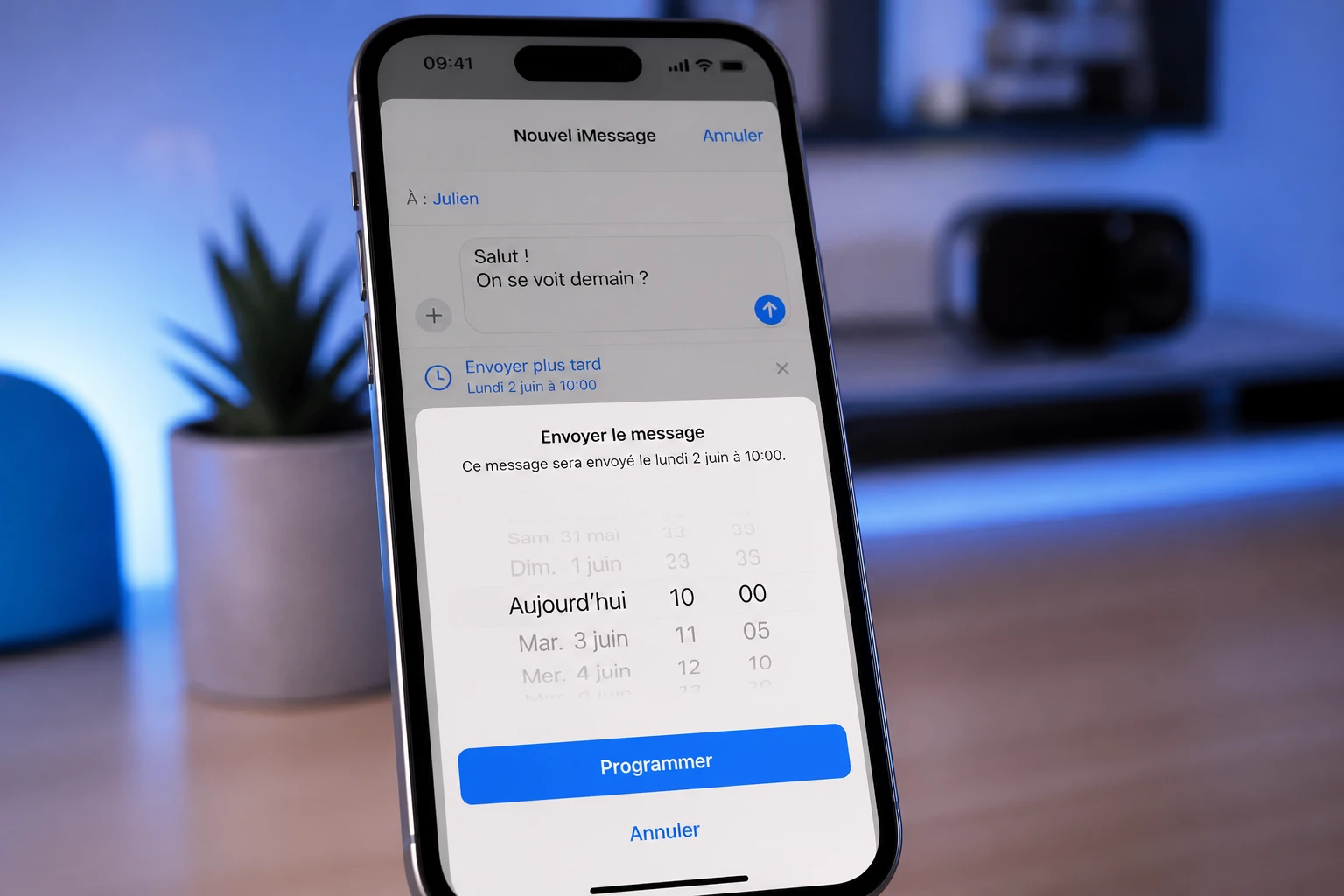 iPhone affichant l'interface de programmation d'un message dans l'app Messages iOS 18