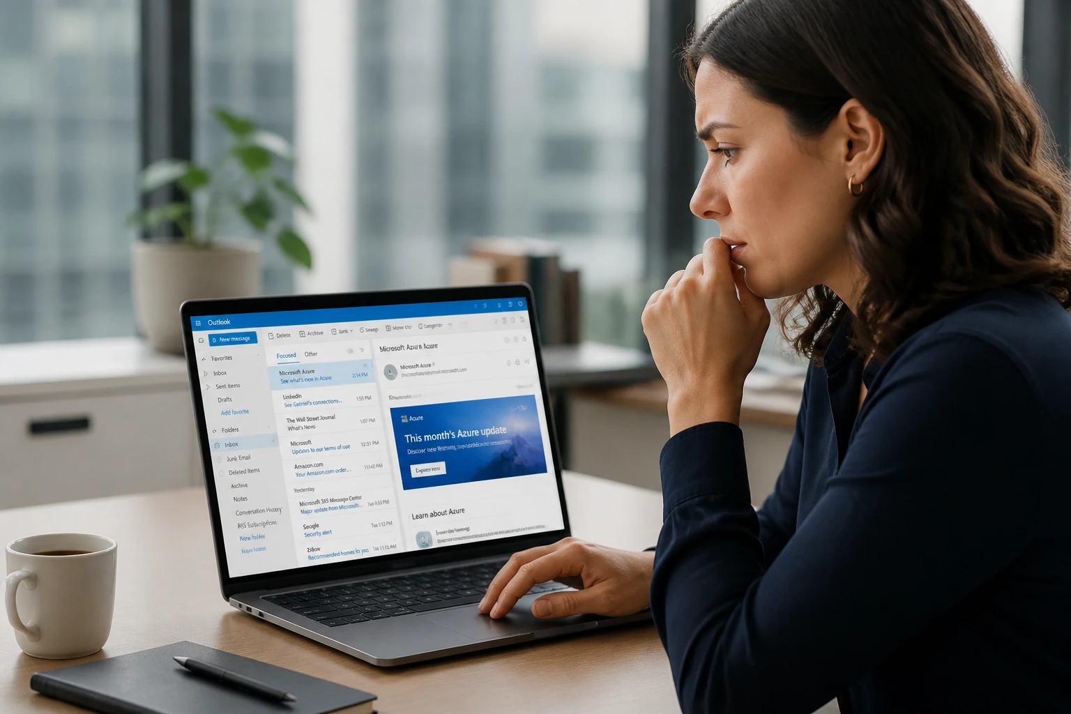 Personne devant un ordinateur portable avec l'interface Outlook ouverte, prête à rappeler un mail envoyé par erreur