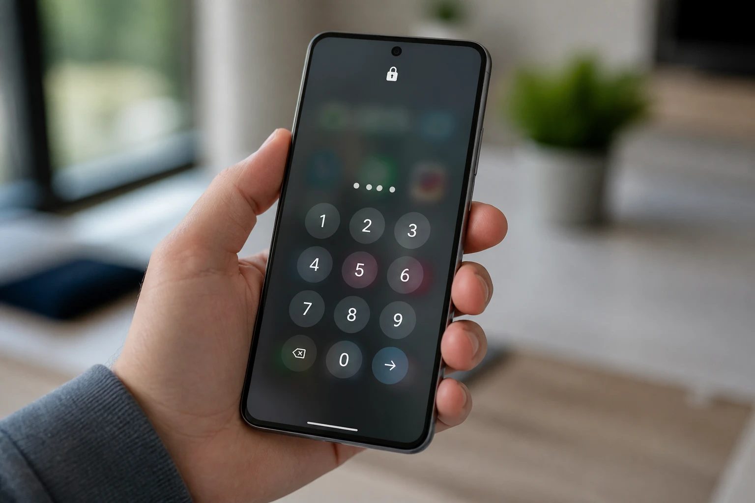 Smartphone Android avec écran de verrouillage PIN affiché, tenu en main, fond flou