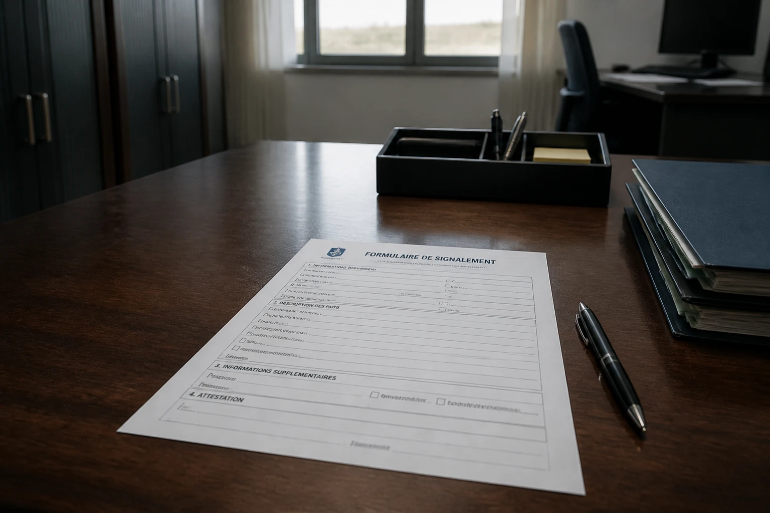 Formulaire de signalement administratif posé sur un bureau, stylo à côté, pour dénoncer le travail au noir