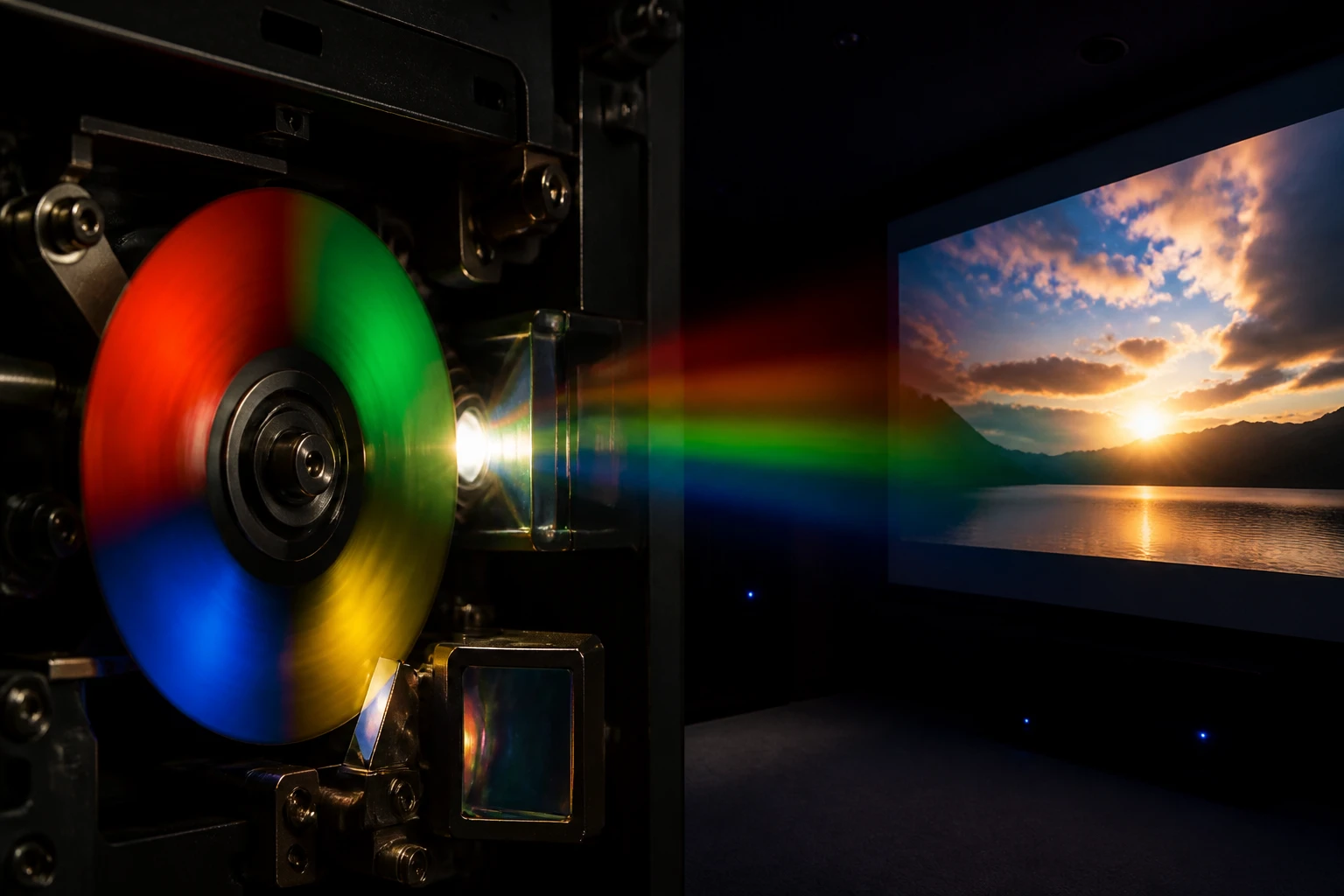 Roue chromatique d'un vidéoprojecteur DLP projetant des traînées arc-en-ciel colorées sur un écran blanc