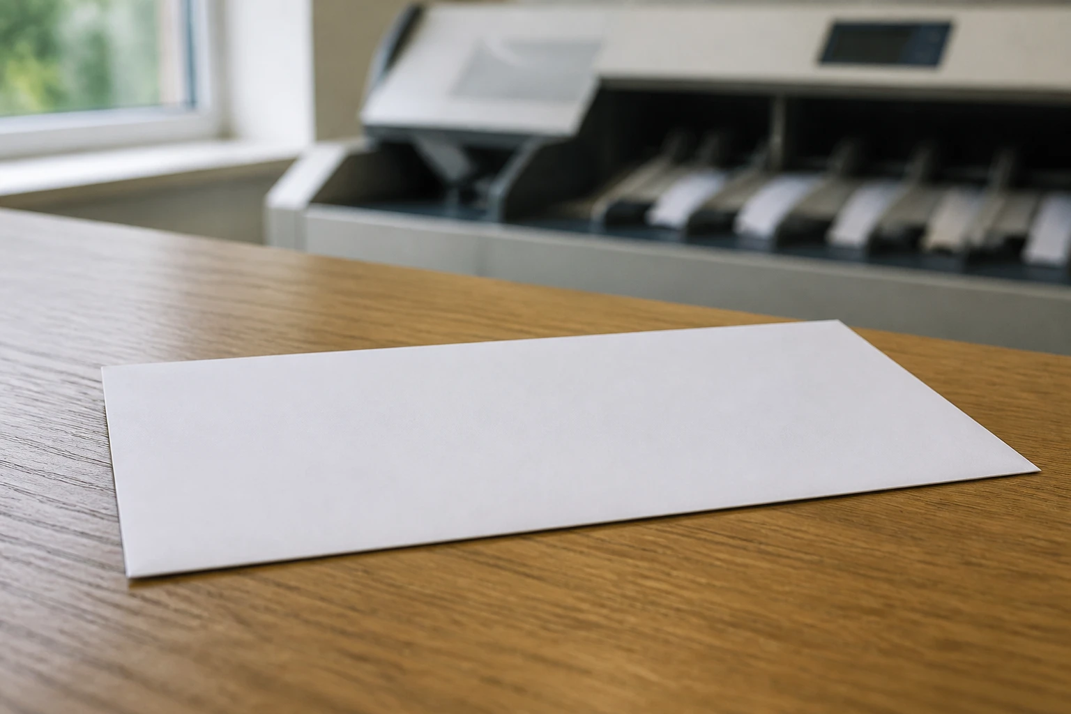 Enveloppe blanche sans timbre posée sur un bureau en bois, lumière naturelle