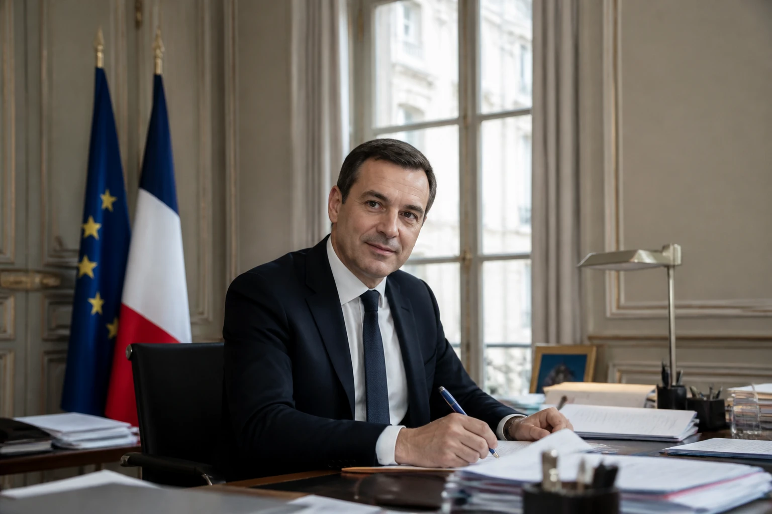 Éric Lombard ministre de l'Économie dans un bureau institutionnel parisien, photographie reportage