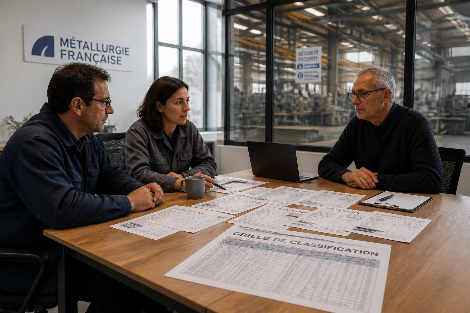 Grille de classification métallurgie 2024 posée sur un bureau d'atelier industriel avec des fiches de paie