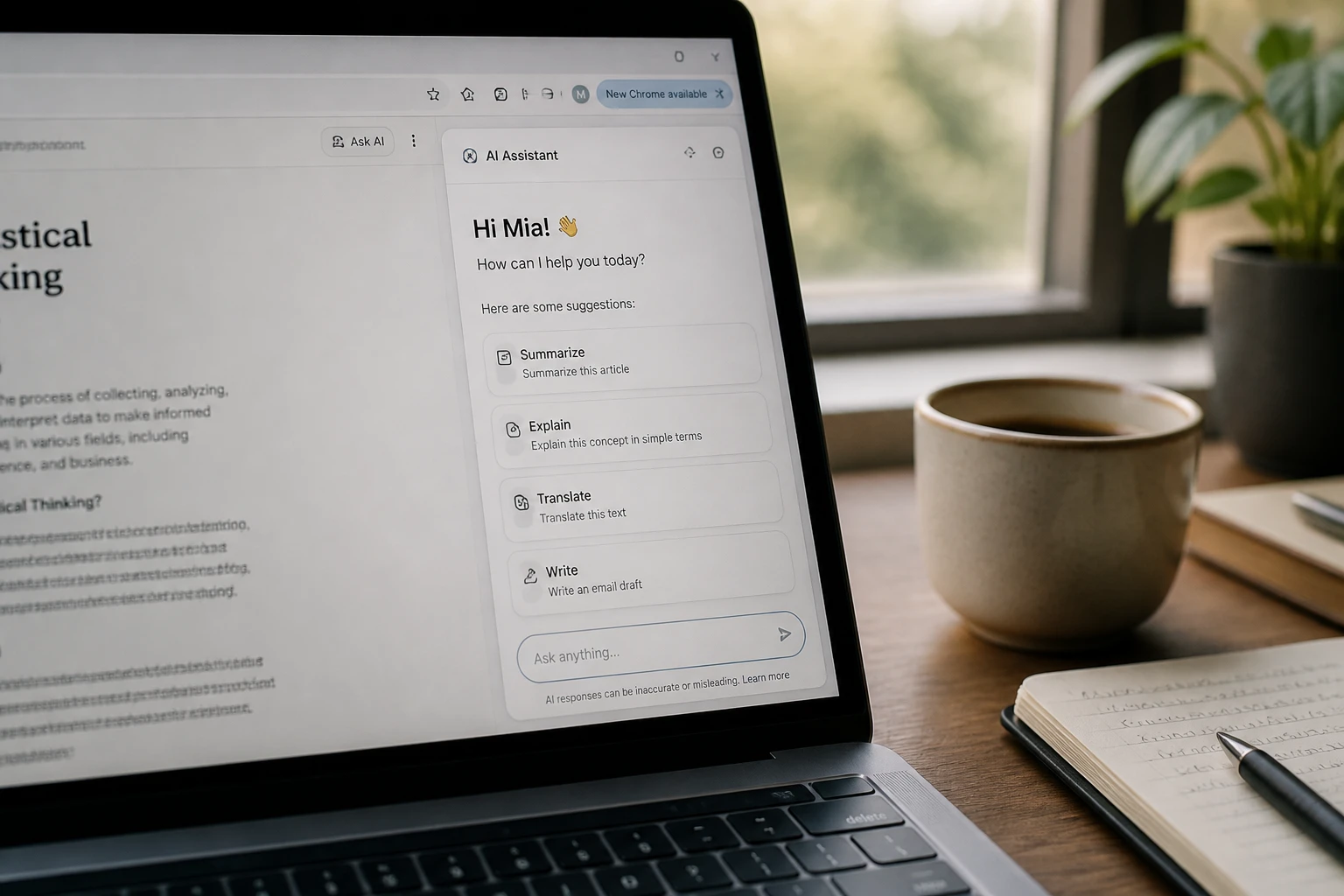 Interface Leo AI dans le navigateur Brave sur un écran d'ordinateur portable, bureau moderne
