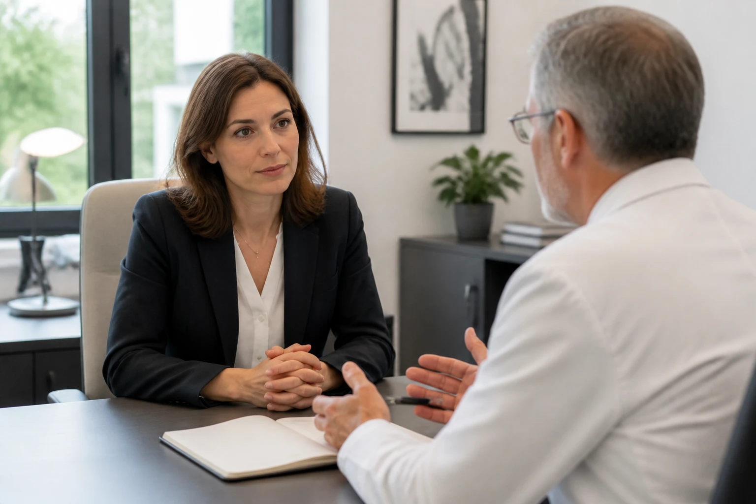 Salarié en entretien avec le médecin du travail dans un cabinet professionnel