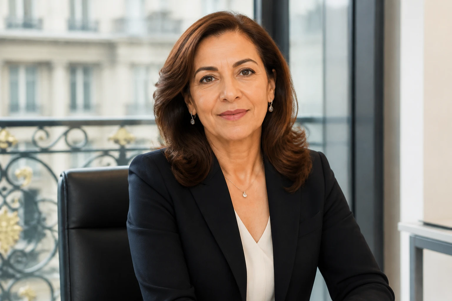 Femme d'affaires française élégante dans un bureau moderne parisien, lumière naturelle, portrait professionnel