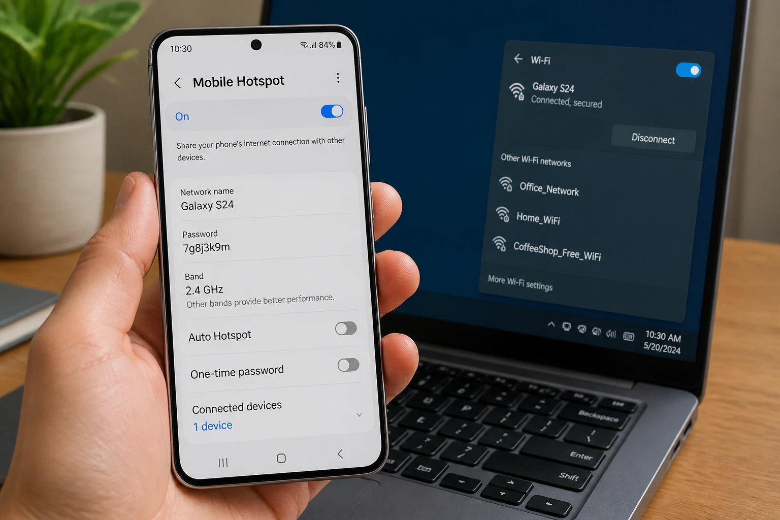 Samsung Galaxy avec menu point d'accès mobile ouvert, ordinateur connecté en arrière-plan
