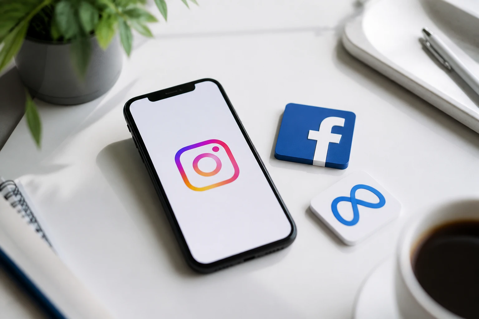 Logos Instagram, Facebook et Meta affichés sur un écran de smartphone posé sur un bureau