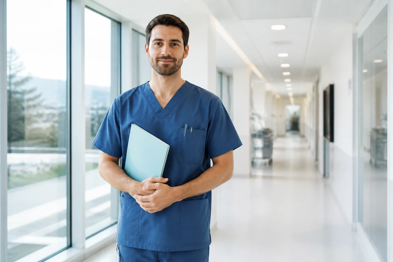 Infirmier en blouse bleue dans un hôpital suisse moderne avec dossier médical à la main