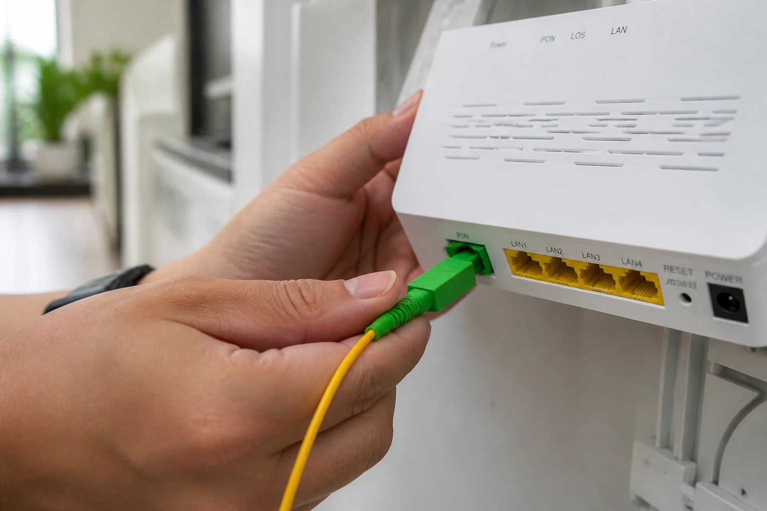 Branchement d'un connecteur optique SC/APC vert dans un ONT fibre à domicile