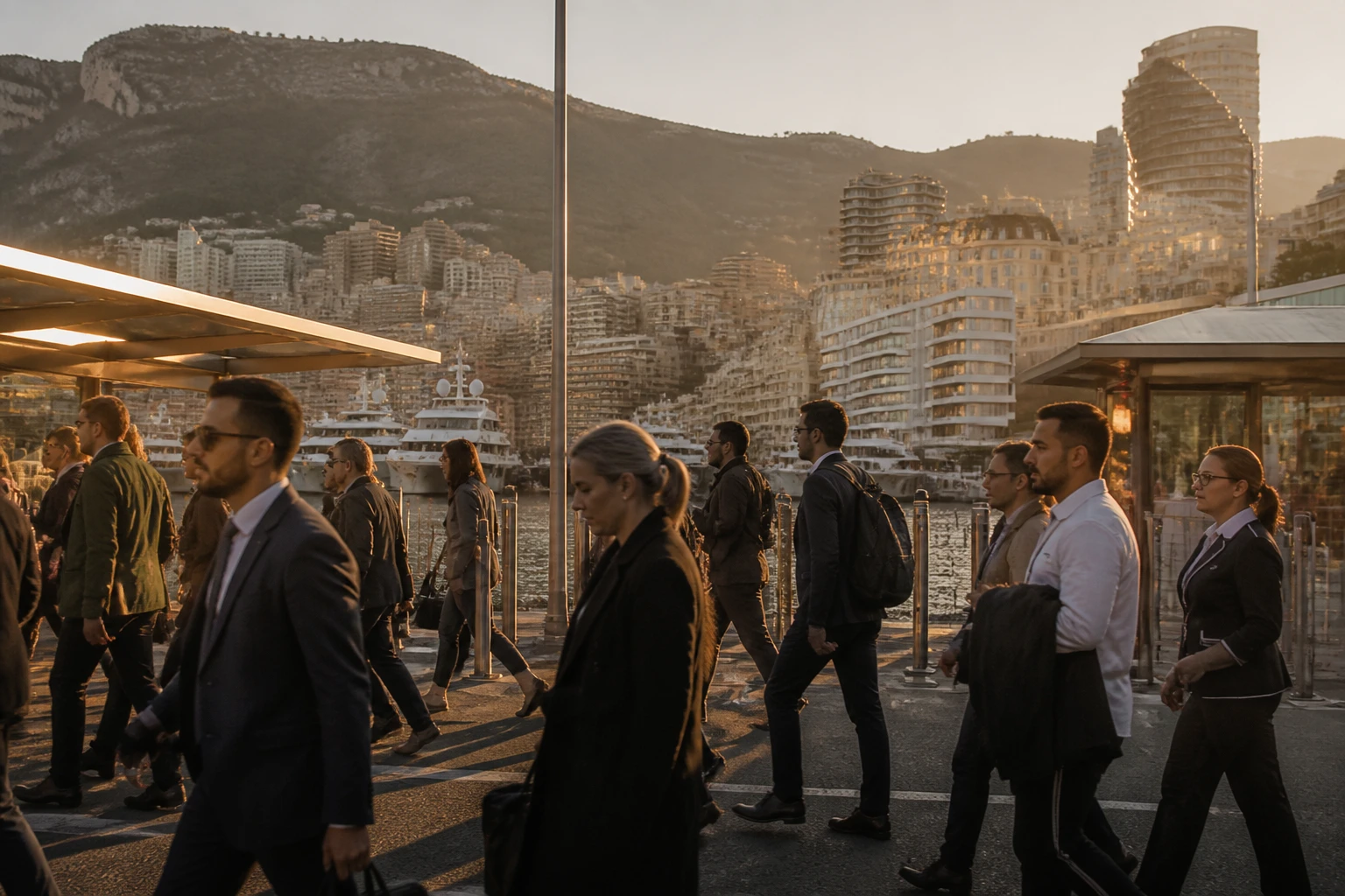 Travailleurs frontaliers entrant à Monaco le matin, port et bâtiments de la Principauté en arrière-plan