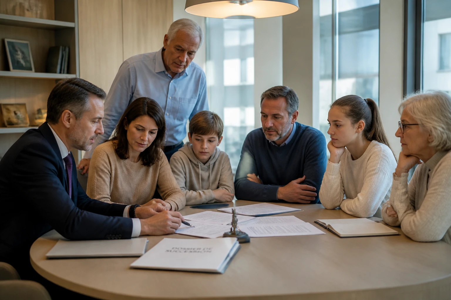 Famille et notaire autour de documents de succession, ambiance bureau lumineux