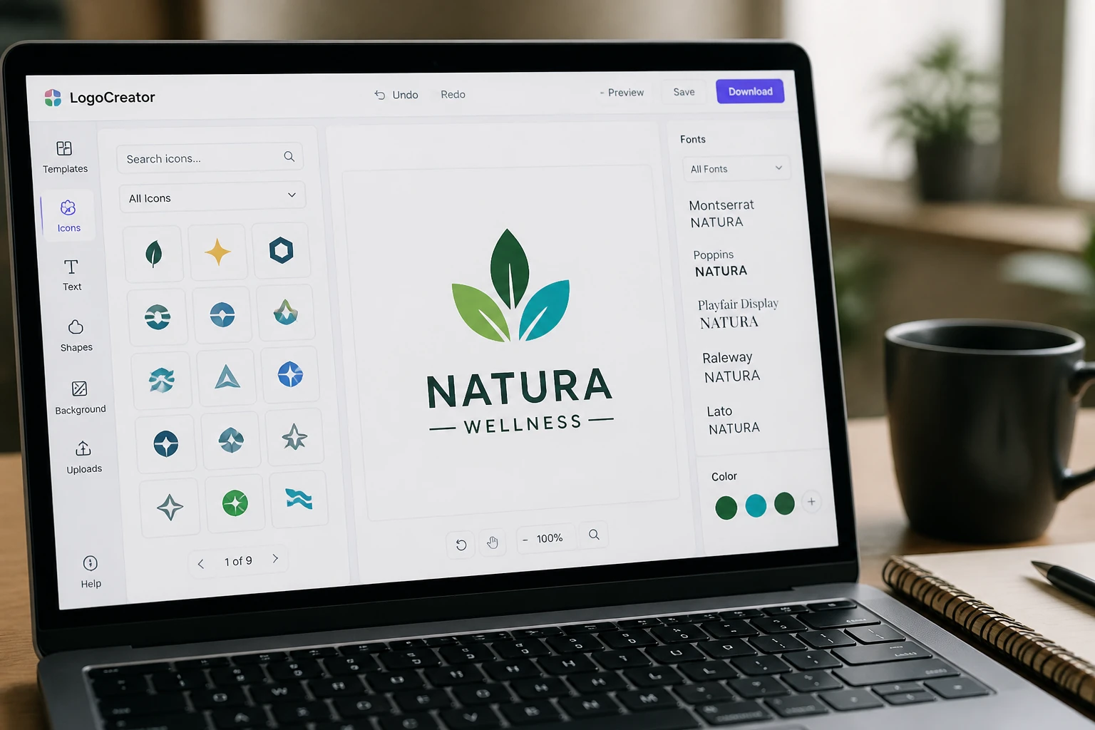Interface de création de logo en ligne sur écran d'ordinateur portable dans un espace de travail moderne