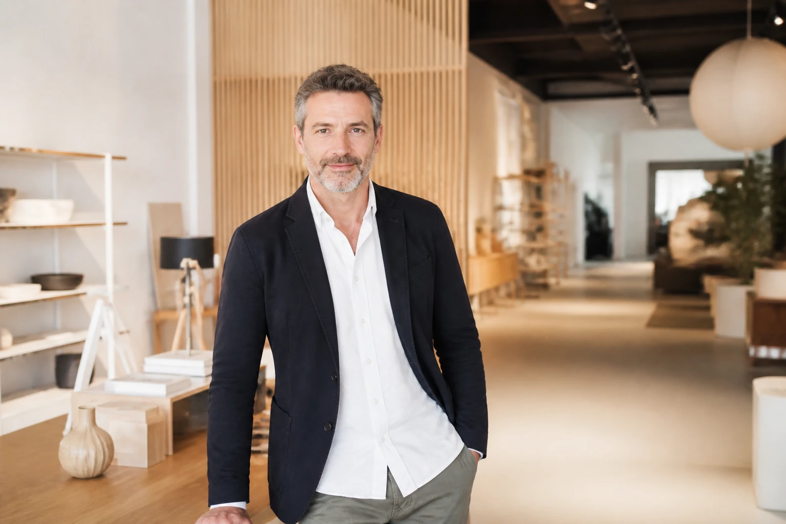 Xavier Marie fondateur de Maisons du Monde, portrait entrepreneurial dans un espace de décoration intérieure