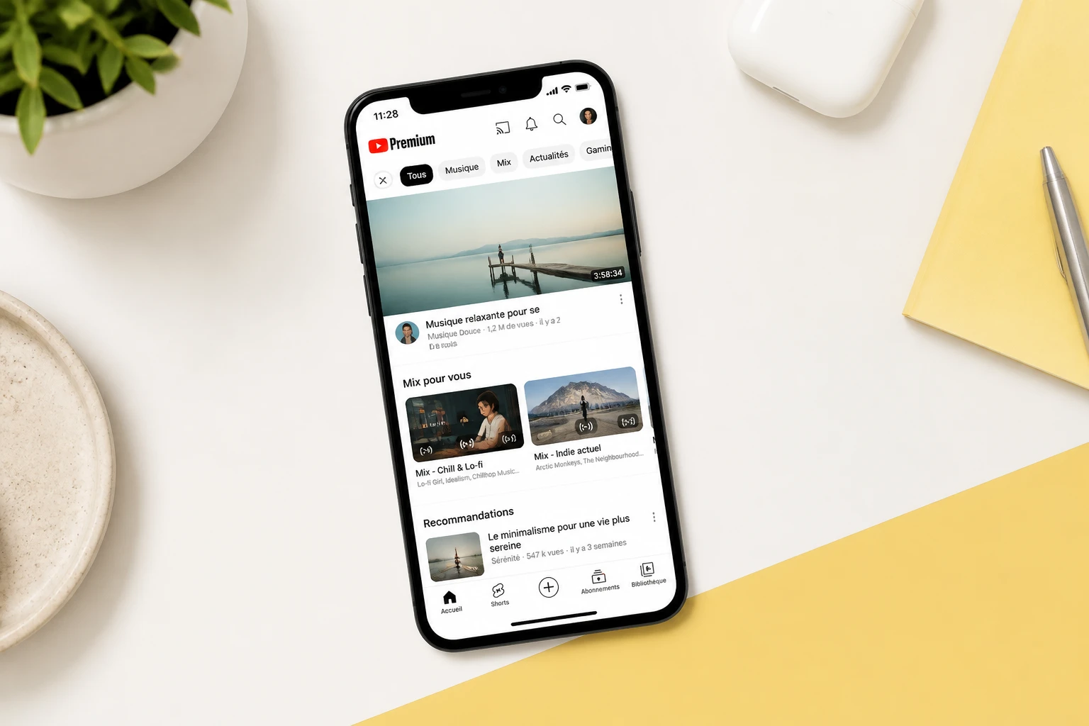 Smartphone affichant YouTube Premium sur un bureau minimaliste moderne
