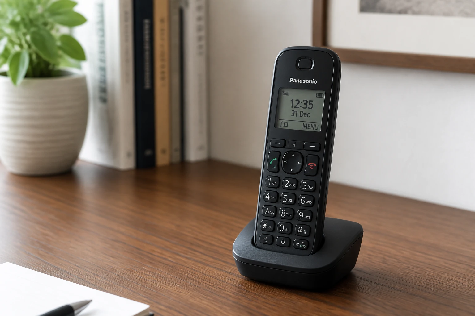 Téléphone sans fil Alcatel F860 posé sur sa base de charge