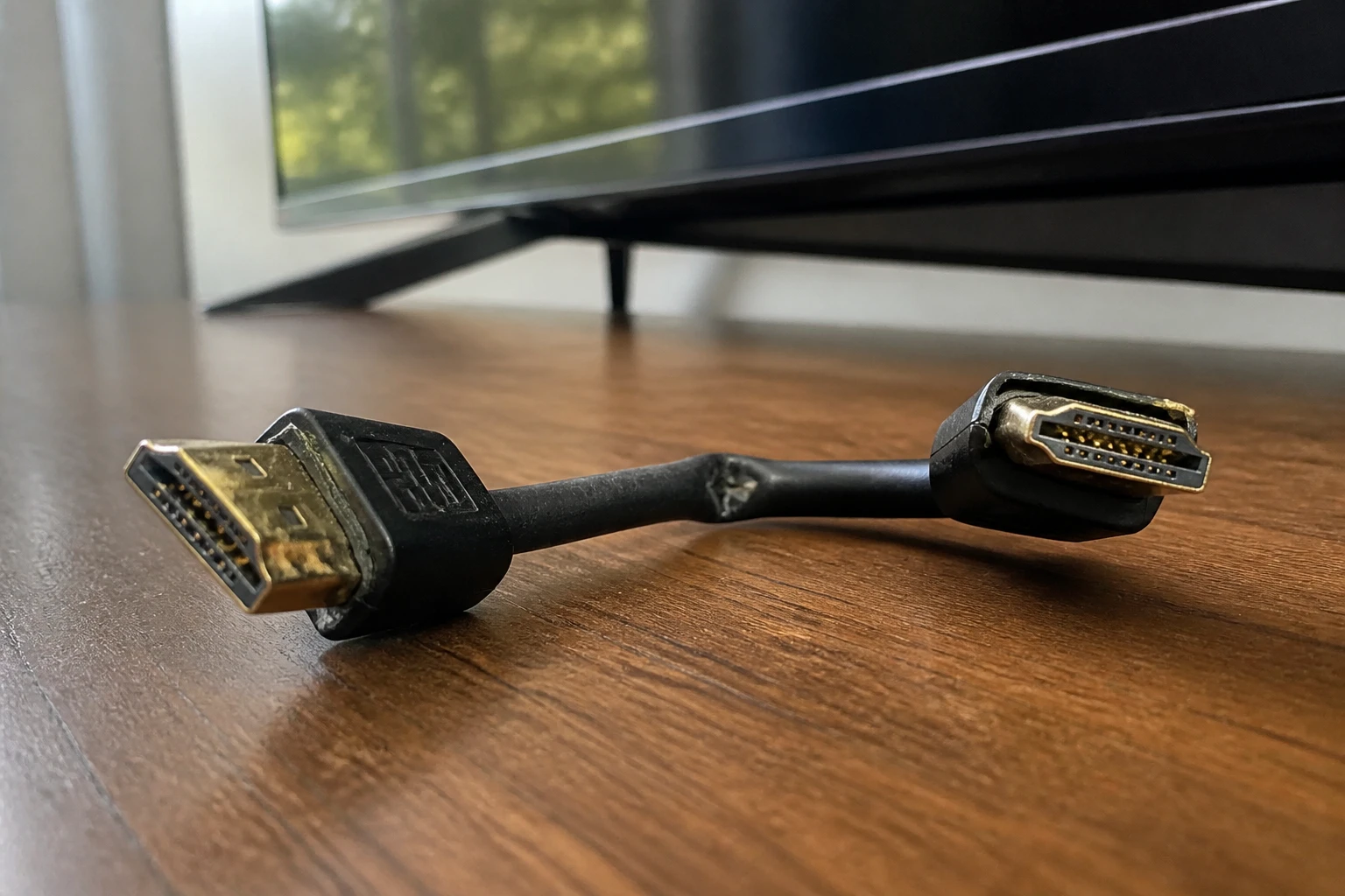 Câble HDMI défectueux avec connecteur tordu et pliure visible sur le câble noir