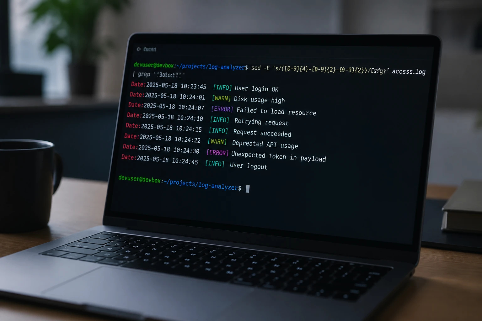 Terminal Linux affichant une commande sed de remplacement de texte sur fond d'écran d'ordinateur portable