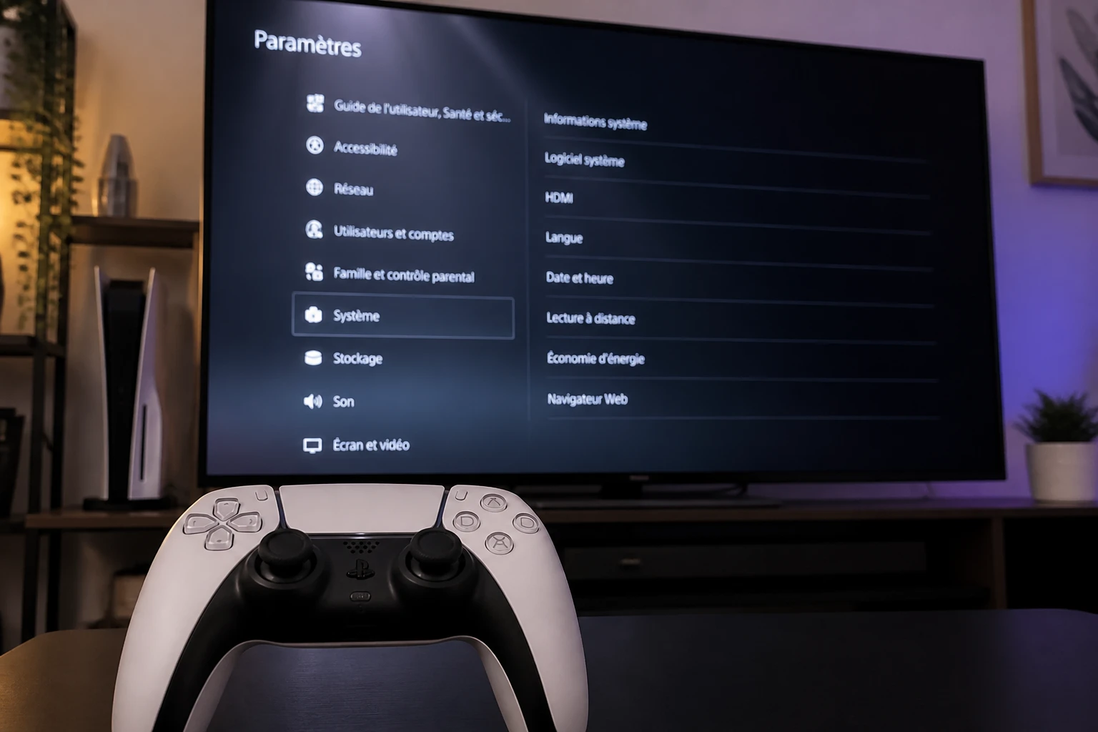 Manette PS5 DualSense devant un écran affichant les paramètres utilisateurs de la console