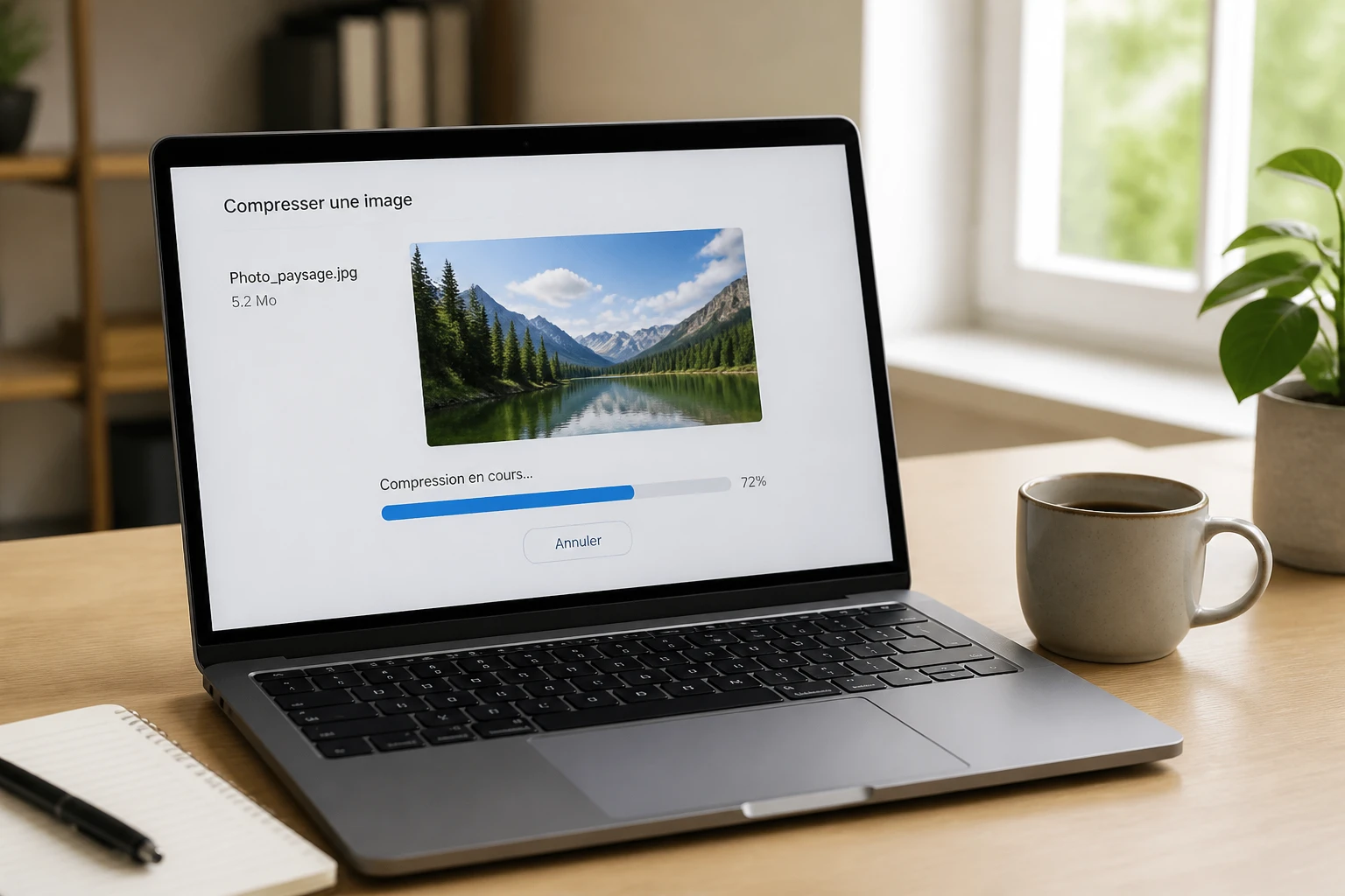 Écran d'ordinateur affichant un outil de compression de photo avec une image de paysage en cours de traitement