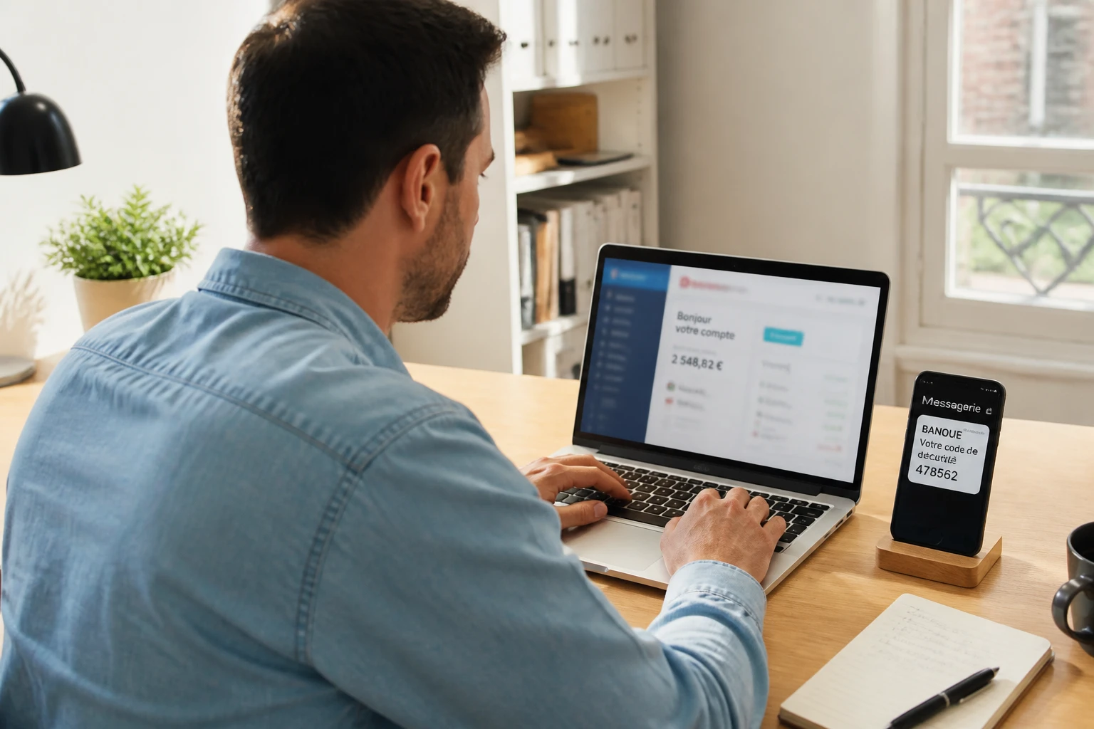 Personne consultant sa connexion Cyberplus sur ordinateur portable avec smartphone à proximité