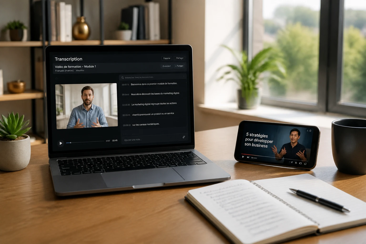 Ordinateur portable affichant un outil de transcription de texte à partir d'une vidéo sur un bureau