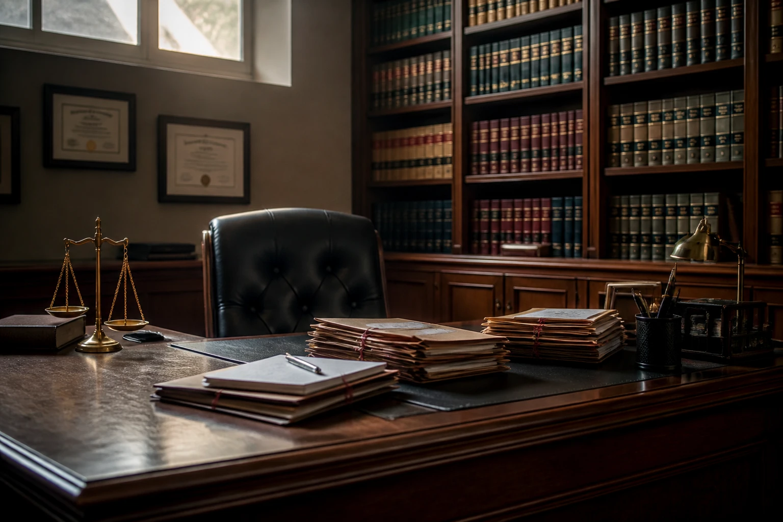 Bureau d'avocat avec bibliothèque juridique symbolisant l'activité professionnelle discrète