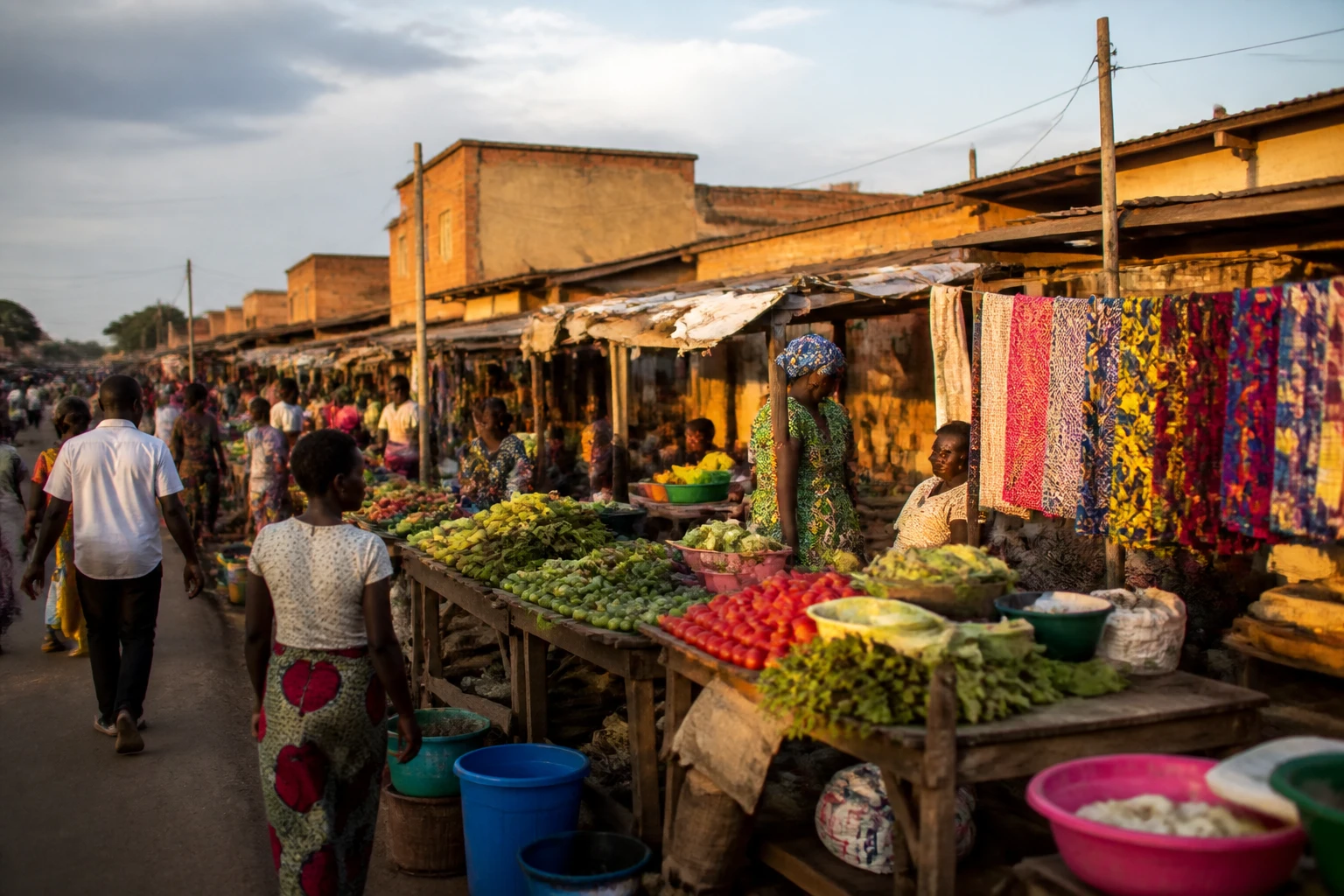 Marché de rue animé dans une ville d'Afrique subsaharienne illustrant le quotidien économique local