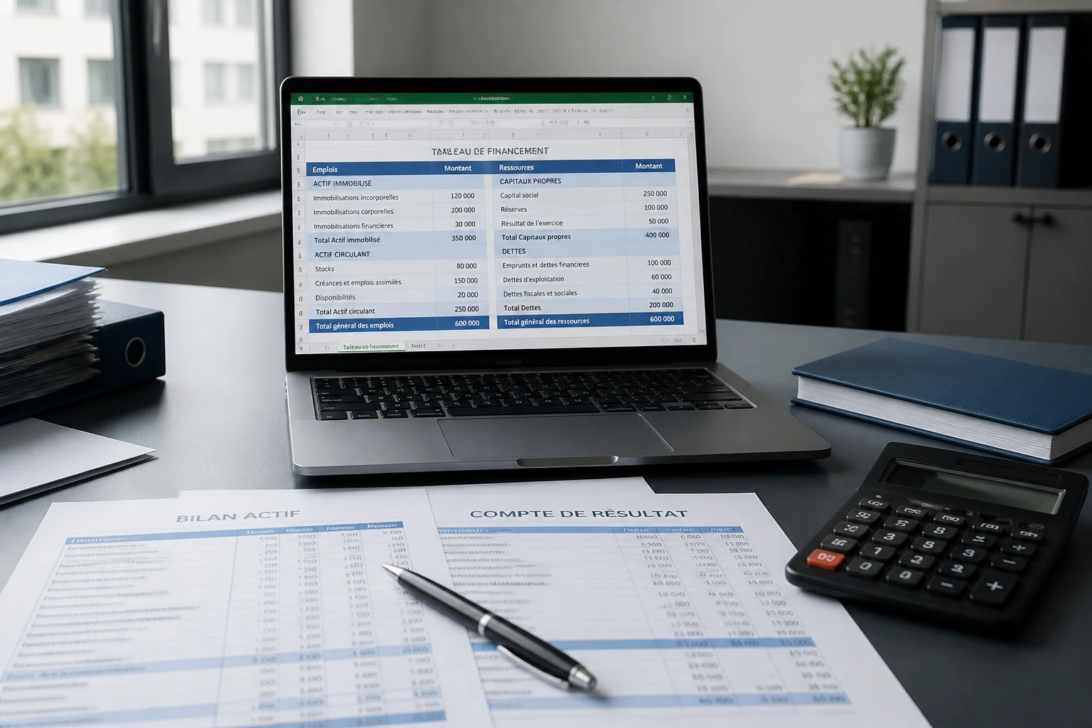Bureau de comptable avec tableau de financement affiché à l'écran et documents chiffrés