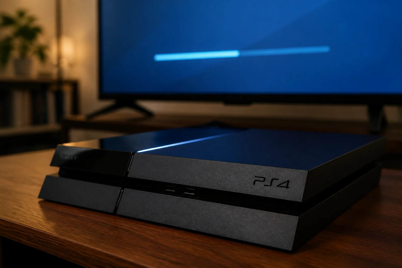 Console PS4 affichant une barre de progression copie en cours sur écran de télévision