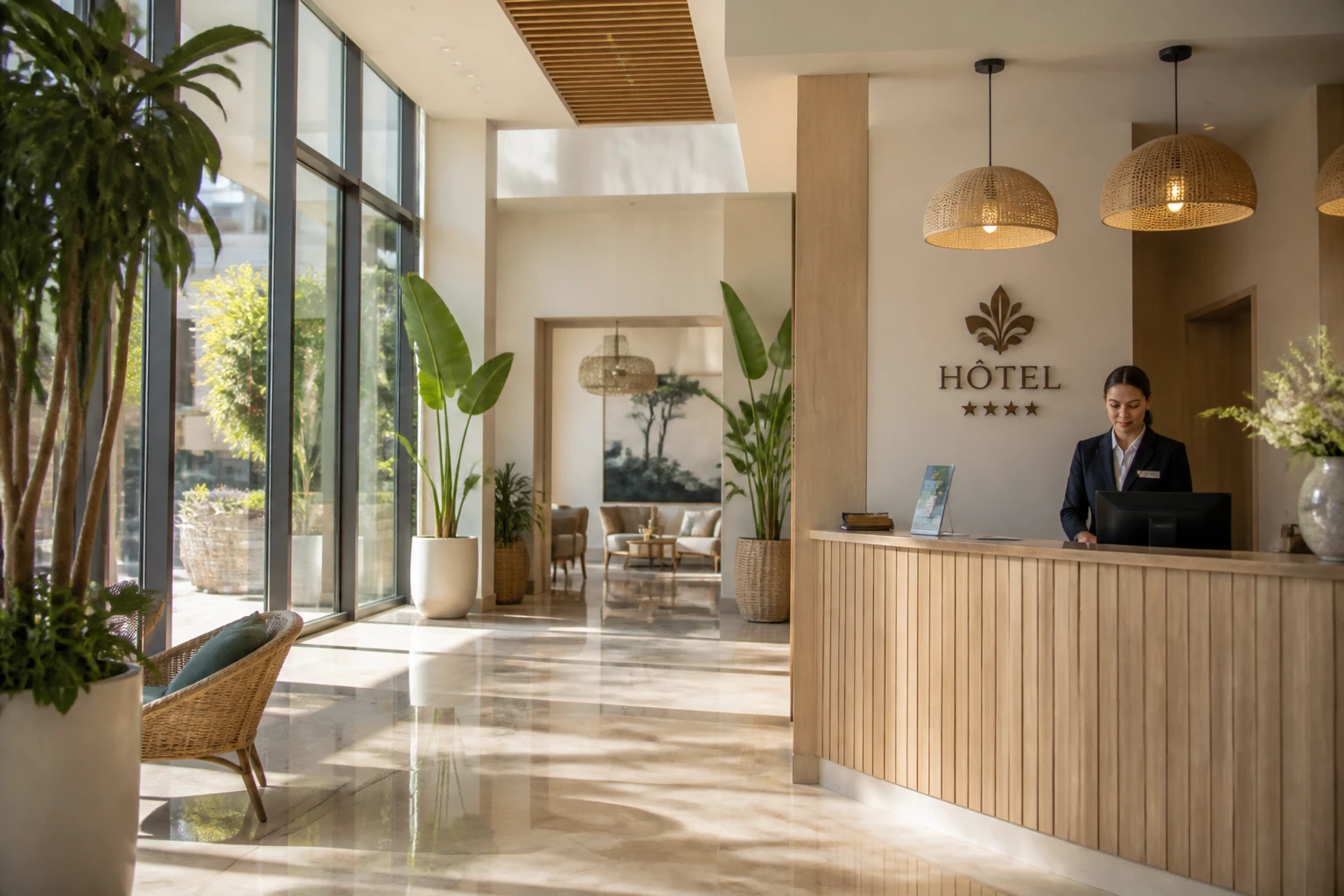 Hall d'accueil d'un hôtel français avec réceptionniste et lumière naturelle