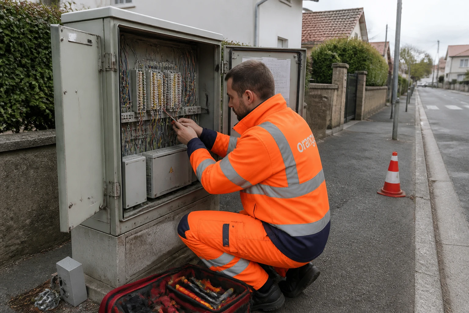 Technicien Orange qui ouvre une armoire de raccordement téléphonique en bord de route dans une rue résidentielle