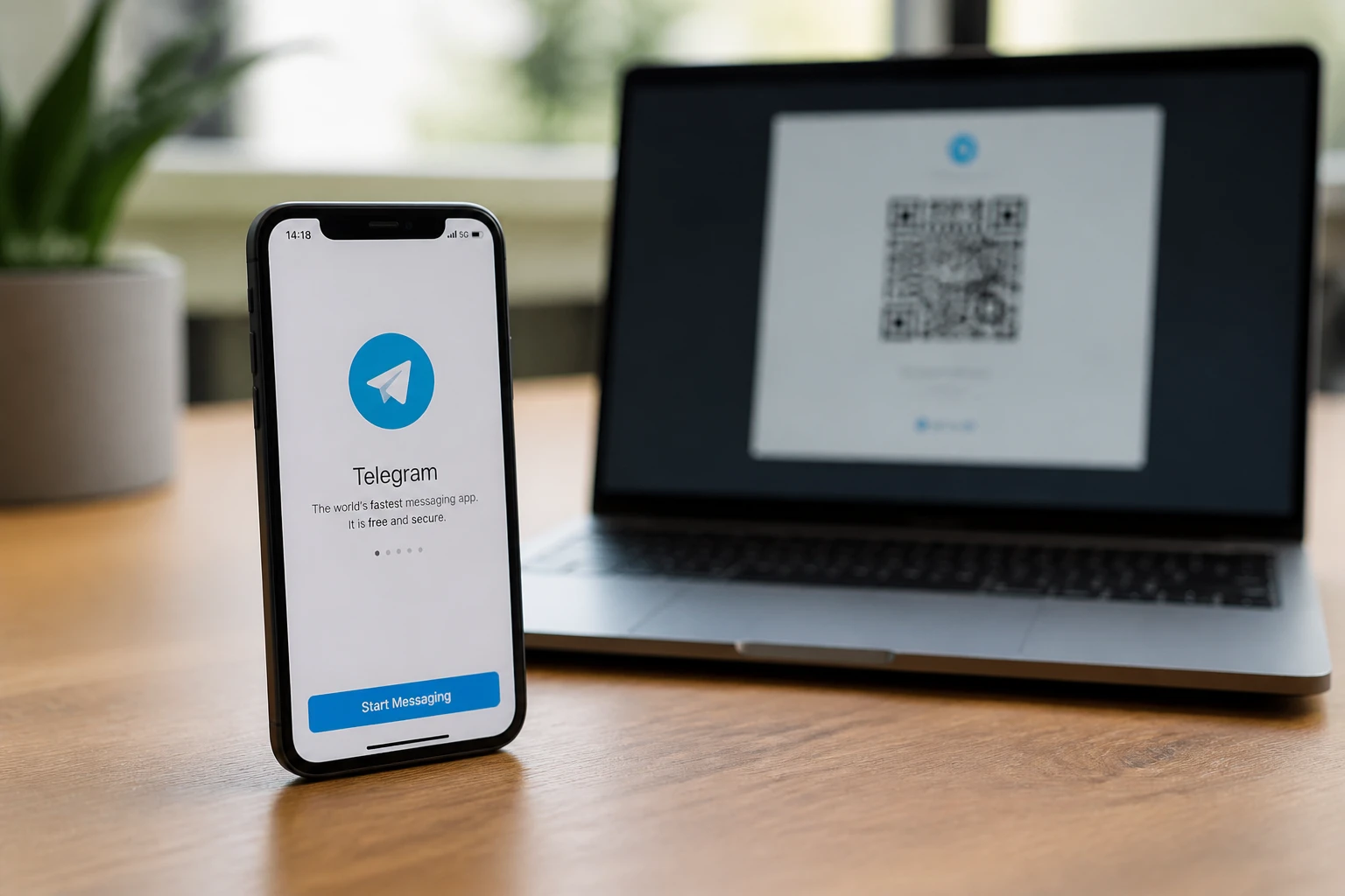 Smartphone affichant l'écran de connexion Telegram à côté d'un ordinateur portable avec QR code