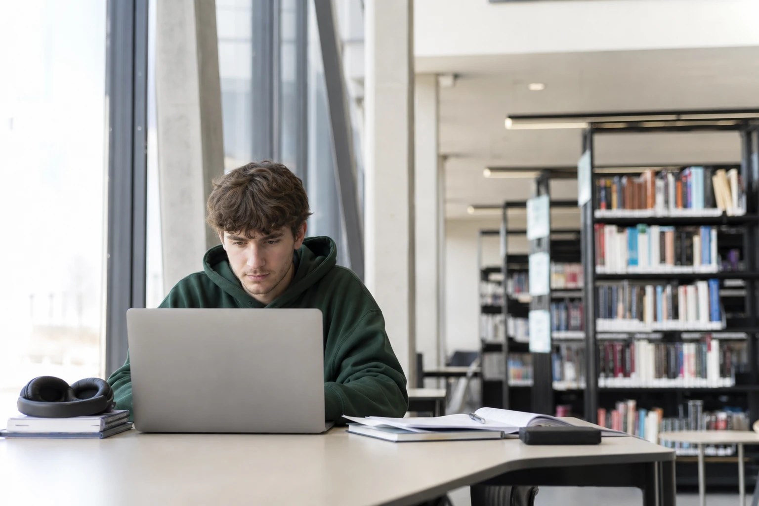 Étudiant consultant le webmail de l'Université de Nantes sur son ordinateur portable en bibliothèque