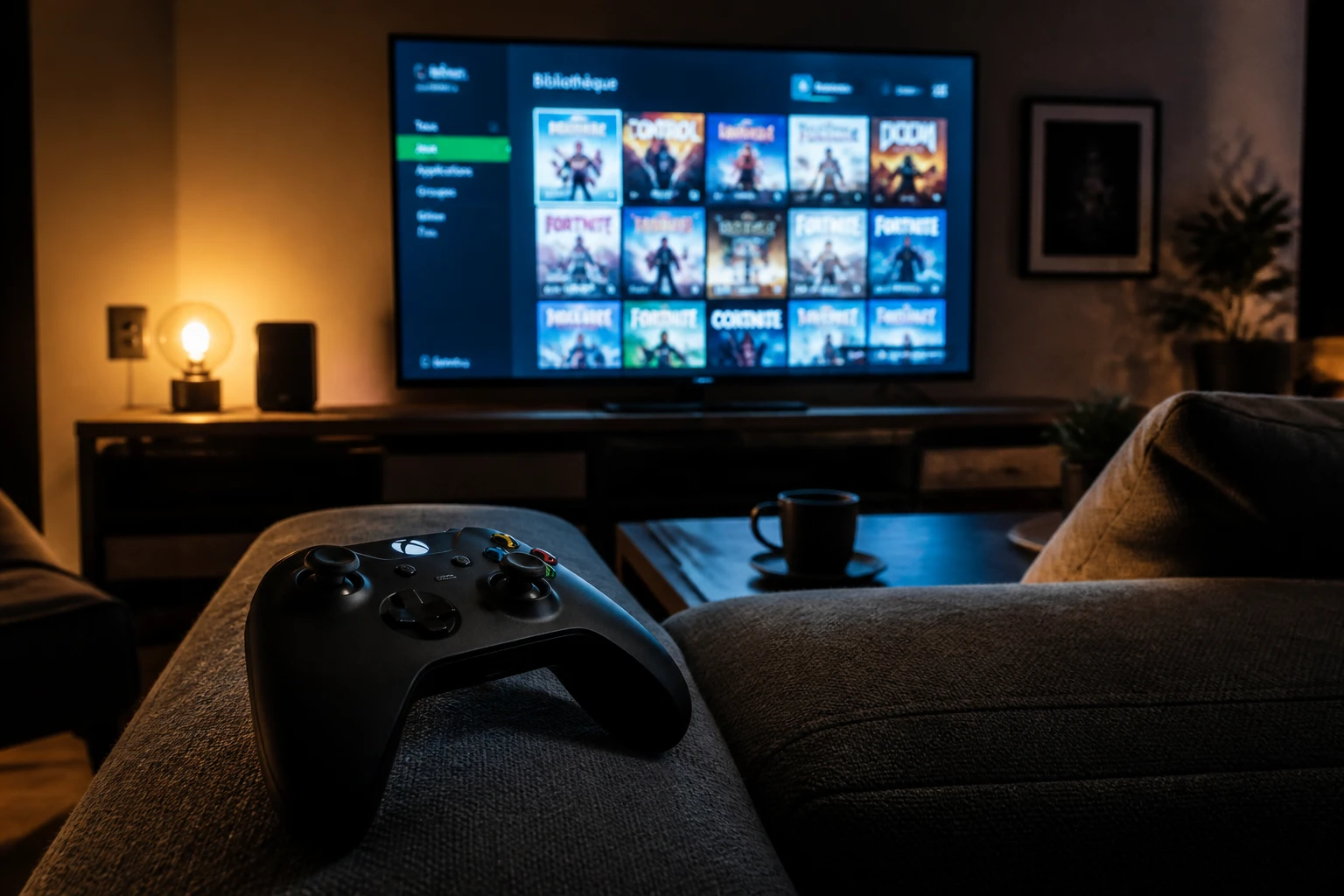 Manette Xbox Series X sur un canapé avec téléviseur affichant une bibliothèque de jeux en arrière-plan