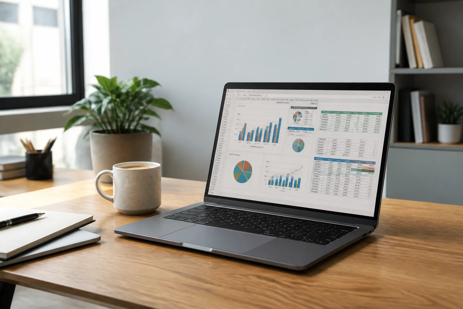 Ordinateur portable affichant un tableur gratuit avec graphiques sur un bureau de freelance