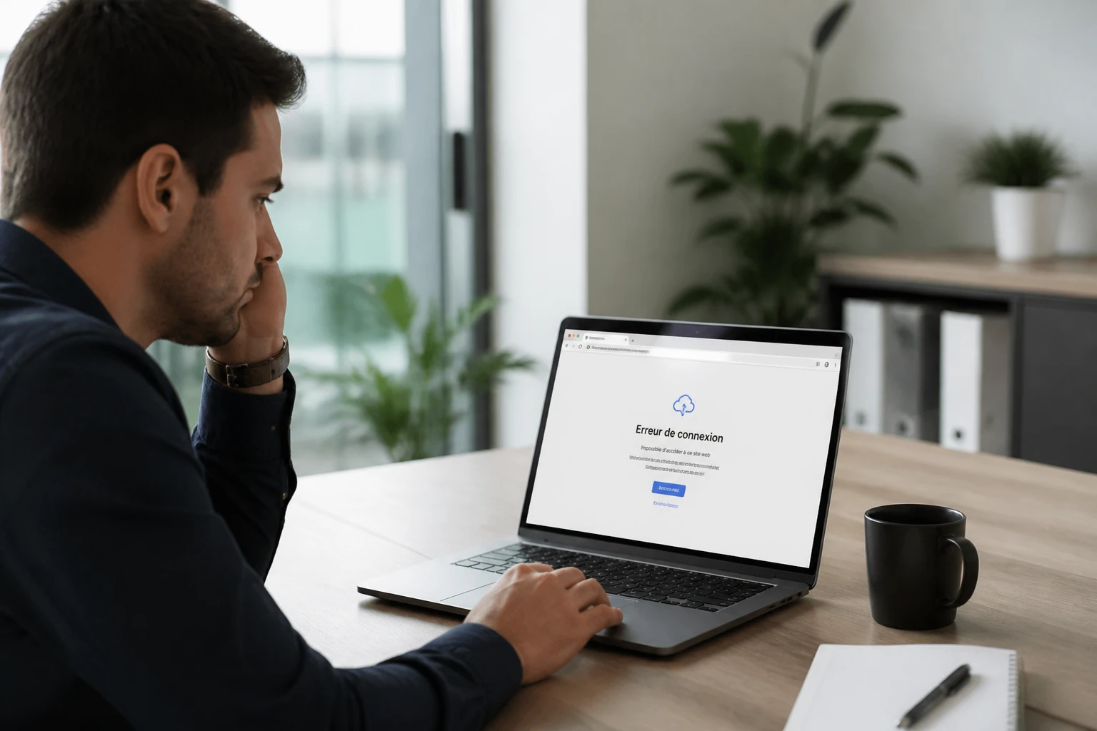 Utilisateur consultant un message d'erreur de connexion sur son ordinateur portable après la panne du site Bentomanga