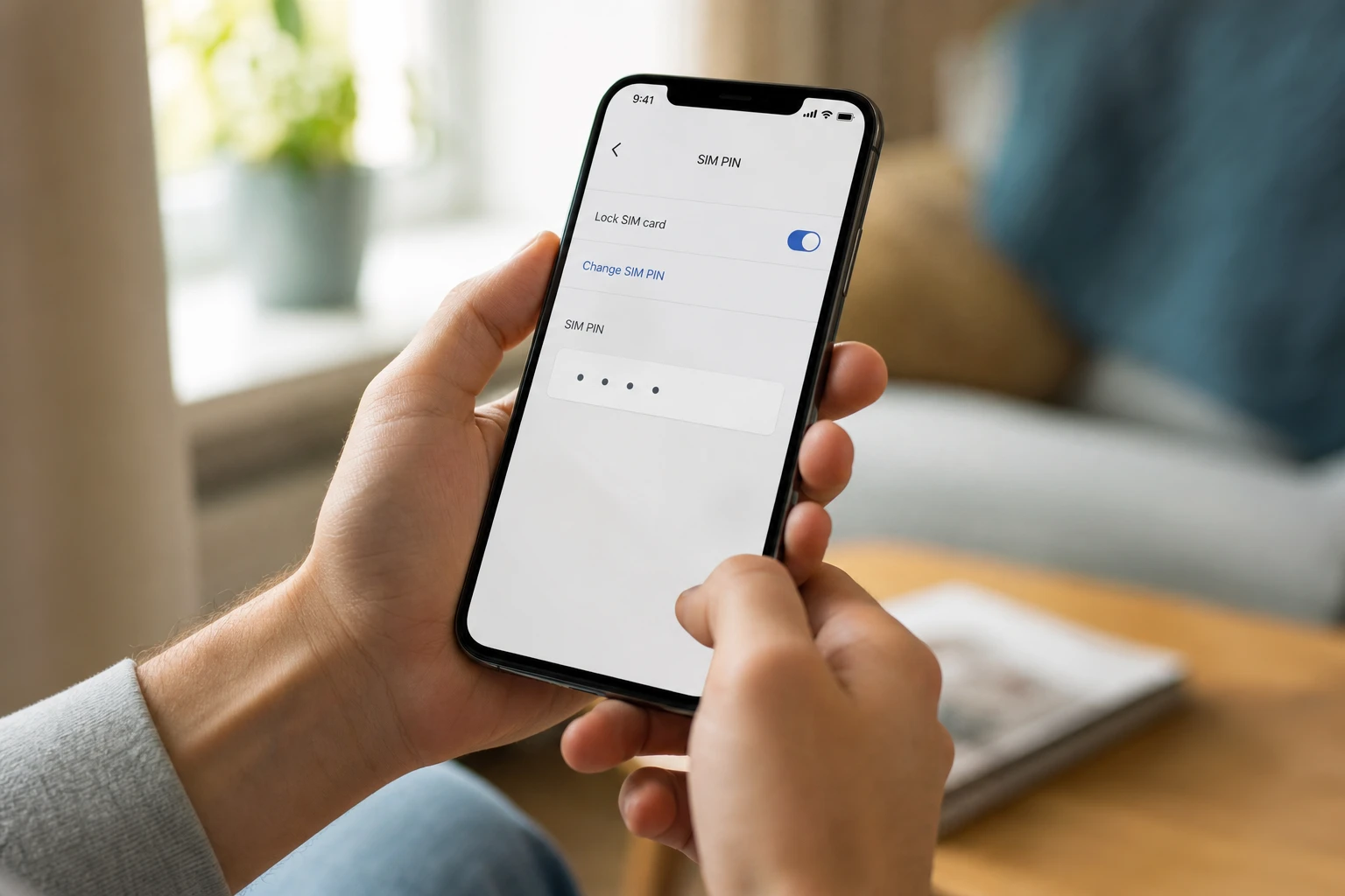 Main tenant un iPhone affichant l'écran de réglage du code PIN de la carte SIM