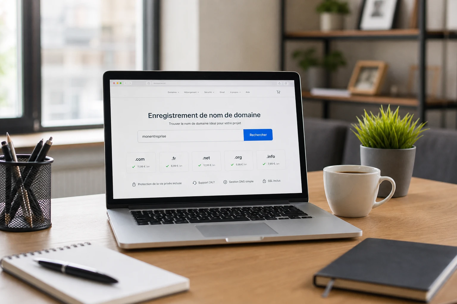 Ordinateur portable affichant une page de réservation de nom de domaine sur un bureau