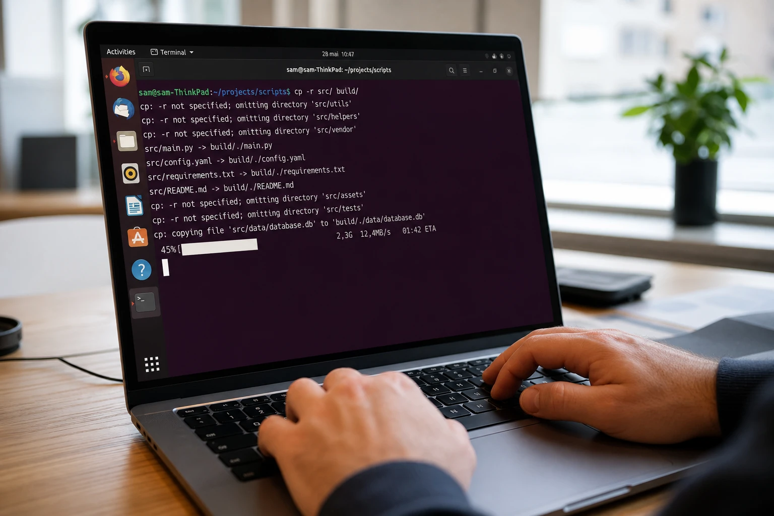 Terminal Linux affichant l'exécution de la commande cp pour copier des fichiers