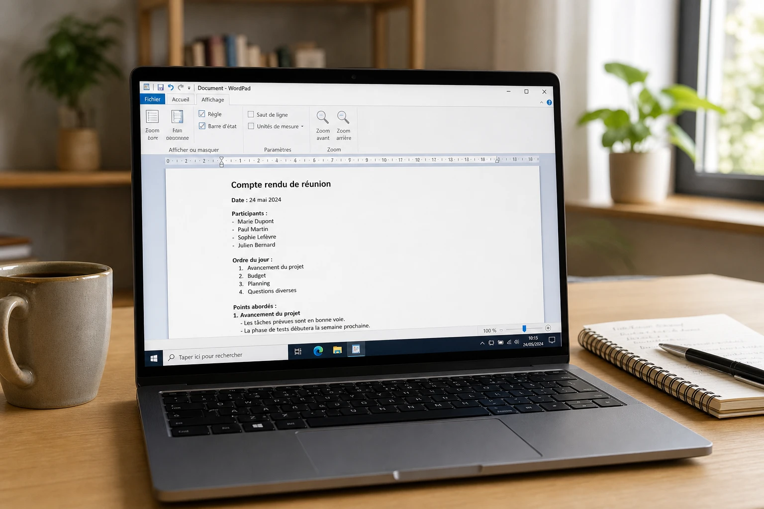 Ordinateur portable affichant l'interface WordPad avec un document texte ouvert sur un bureau