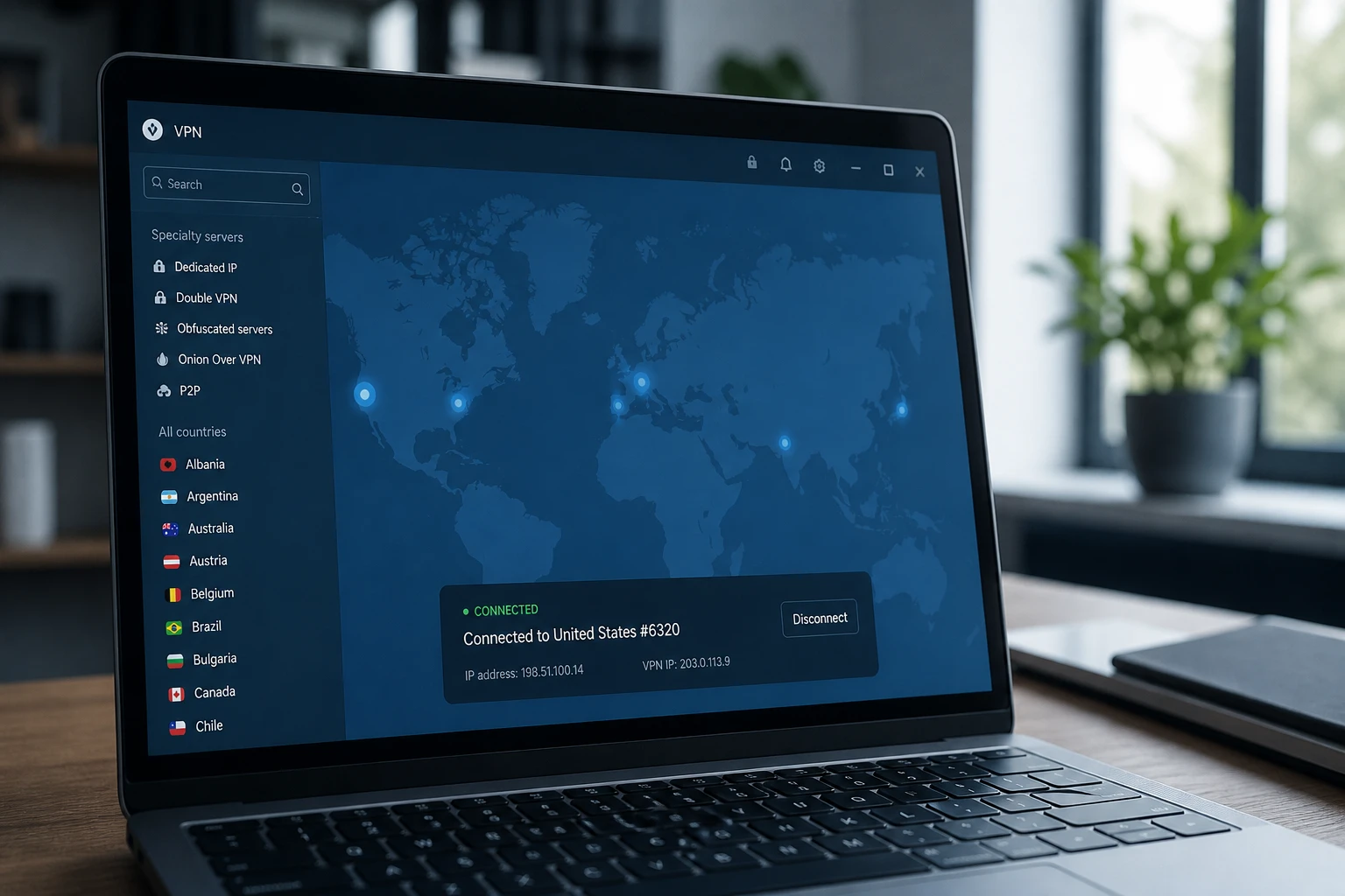 Écran d'ordinateur portable affichant une interface de connexion VPN avec carte du monde et serveurs