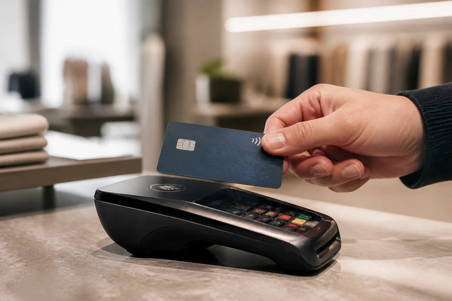 Main présentant une carte bancaire devant un terminal de paiement sans contact