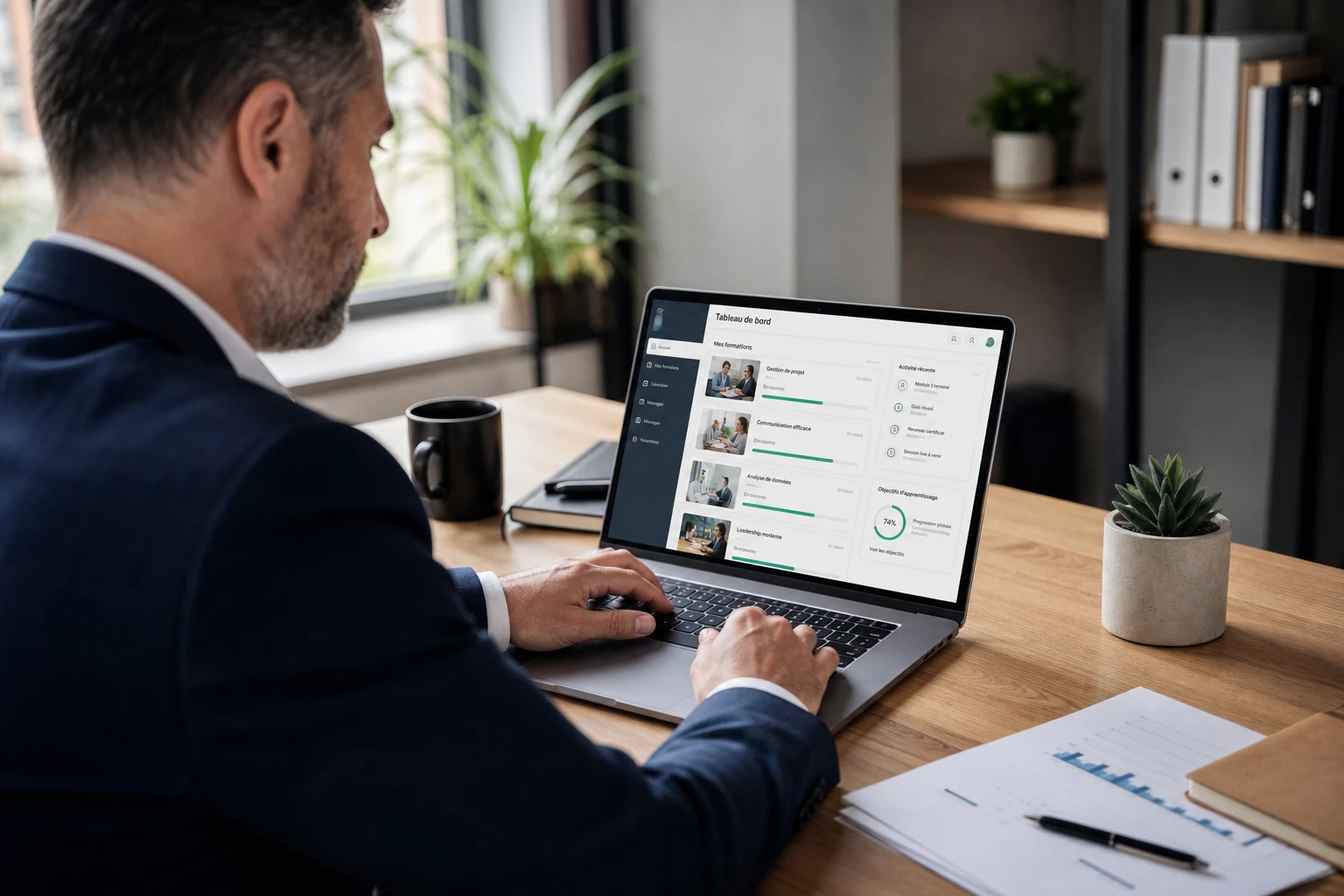 Utilisateur se connectant à la plateforme de formation Yikiforma depuis un ordinateur portable au bureau
