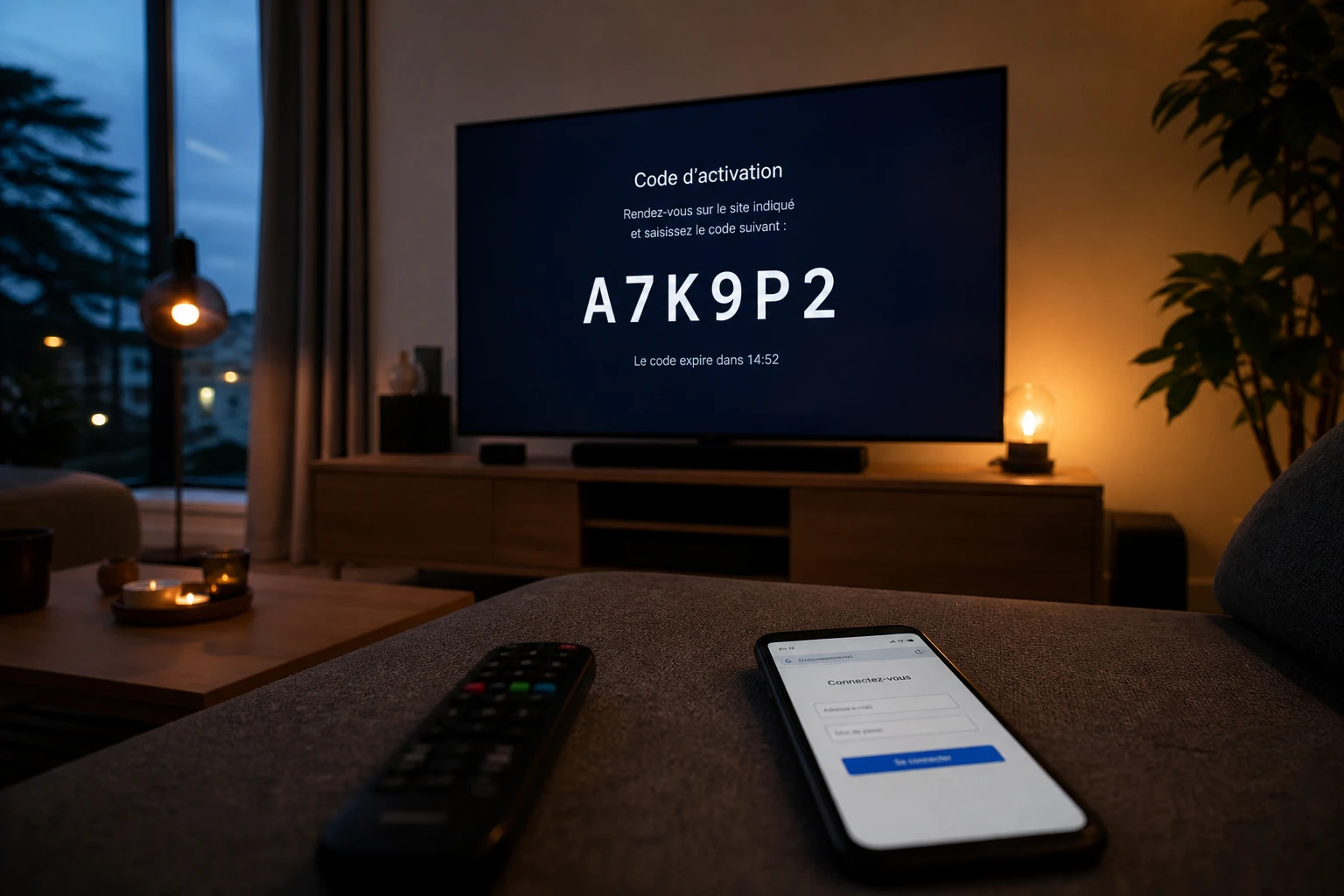 Écran de télévision affichant un code d'activation à six caractères pour lier un appareil à un compte de streaming