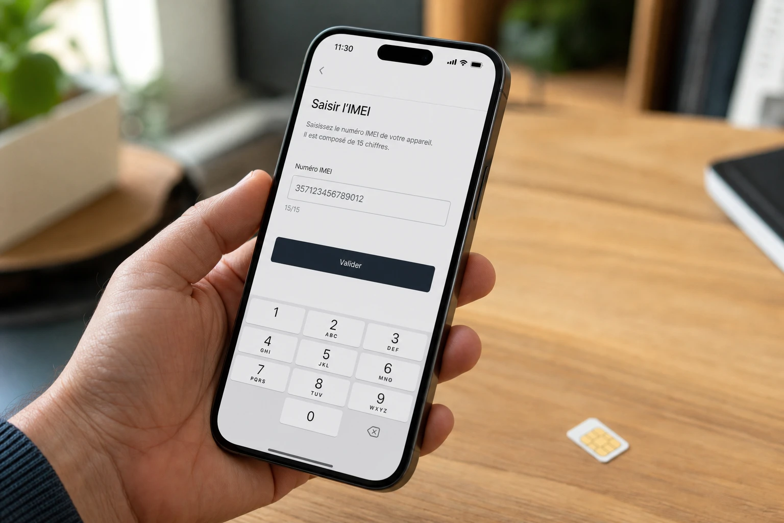 Smartphone affichant la saisie du code IMEI pour débloquer un téléphone tout opérateur