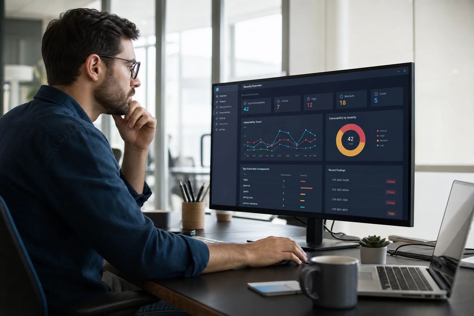 Développeur analysant un tableau de bord de sécurité des dépendances open source sur un écran d'ordinateur
